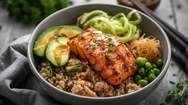 Bowl de salm&oacute;n con arroz integral, aguacate y verduras estilo fitness