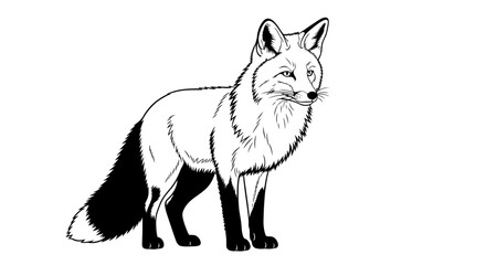 Obraz premium Elegant Black and White Line Art Illustration of a Standing Wild Fox. Detailed Vector Graphic for Wildlife and Nature Themes.