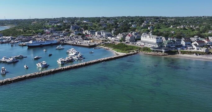New Shoreham, RI, USA - August 8, 2026  Block Island, Rhode Island summer arial video of the breakwater barrier at Old Harbor.