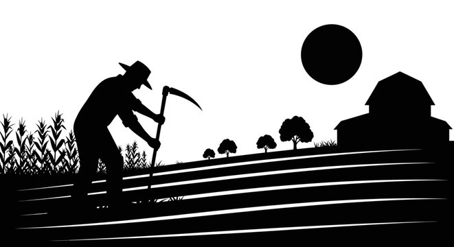 Silhouette of a farmer with a scythe working in a rural field, agricultural landscape with barn and crops at dawn or dusk.