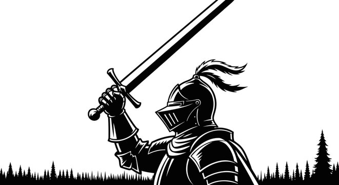 Powerful medieval knight in full plate armor holding a sword aloft, symbolizing victory, strength, and triumph in battle. Black and white illustration.