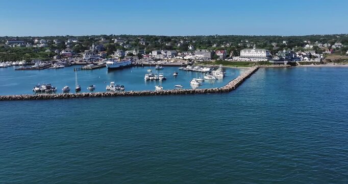 New Shoreham, RI, USA - August 8, 2026  Block Island, Rhode Island summer arial video of the breakwater barrier at Old Harbor.