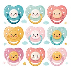 Fototapeta premium Cute Baby Pacifiers Colorful Heart Shaped Soothers Infant Teethers Newborn Essentials
