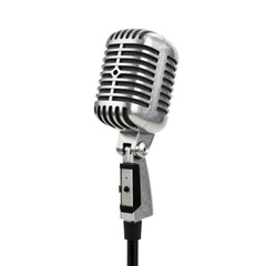 Fototapeta premium Vintage microphone stands tall on a white background, ready for performance