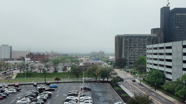 Wide Angle View of Downtown Detroit Buildings and Busy Streets