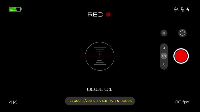 Camera recording screen, viewfinder transparent overlay. Horizontal format 4K video with alpha channel.