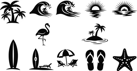 A collection of black silhouettes depicts a tropical vacation theme showcasing surfing palm trees and seaside elements high quality professional detailed modern elegant © MstShahanag