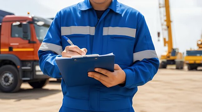 Worker in blue uniform diligently writing notes on a clipboard while supervising heavy machinery and commercial trucks at a construction site.