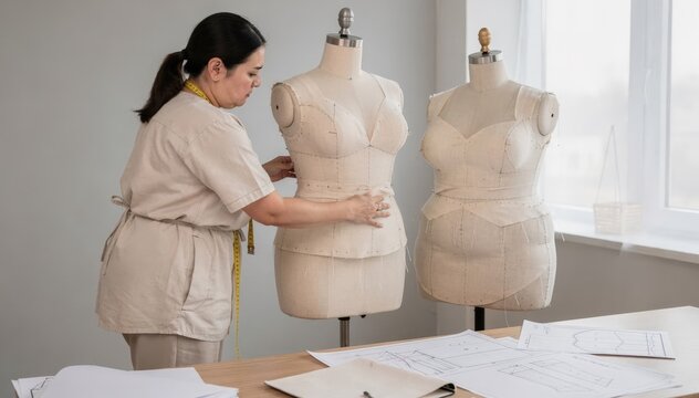 Medium shot of a seamstress evaluating plus size pattern prototypes focusing on comfortable and flattering fits tailored for diverse body shapes.