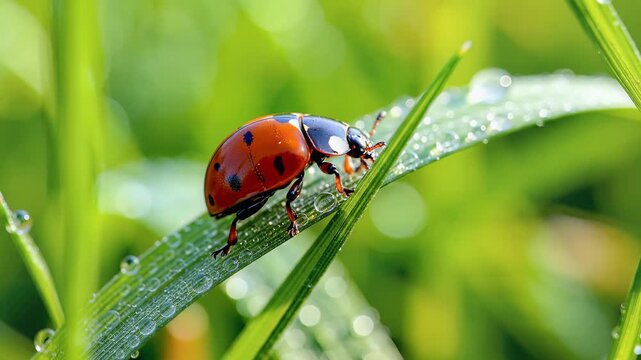 Closeup Macro Shot of a Ladybug on a DewCovered Leaf in Nature.