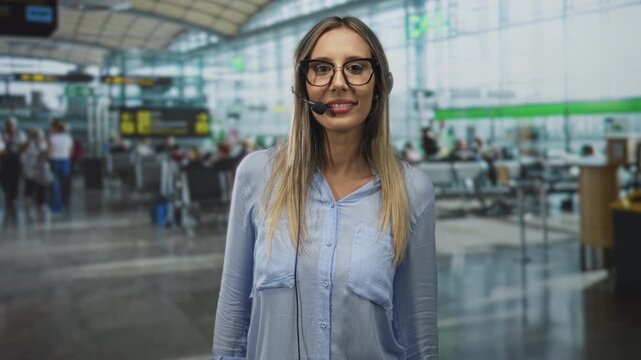 Woman adjusts headset with hands in airport terminal while smiling and speaking into microphone; friendly customer service.