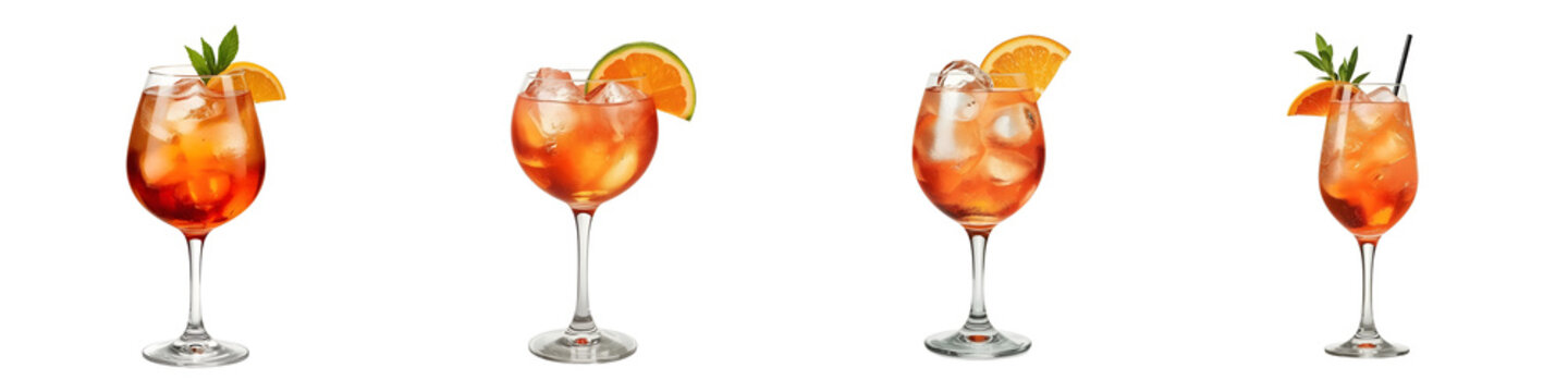 Refreshing aperol spritz cocktails with ice cubes and orange slices on black background