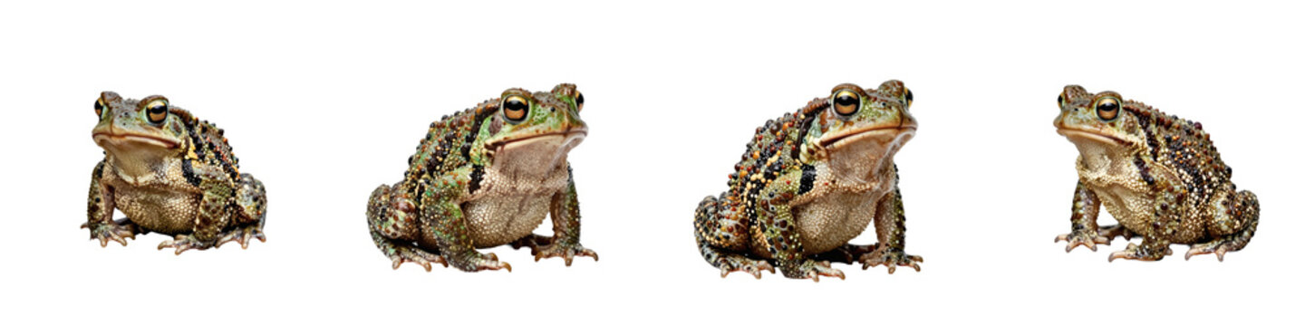 Group of rocky mountain toads sitting in a row against a black background