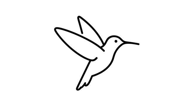 Elegant black line art drawing of a flying hummingbird. Minimalist vector icon with a simple outline design on a white background.