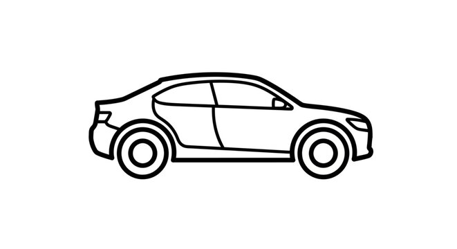 Simple Line Art Drawing of a Sedan Car Icon. Black and white outline illustration of a generic automobile vehicle from the side.