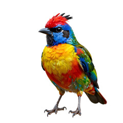 Fototapeta premium Colorful paradise tanager stands out against a dark background displaying a vibrant plumage