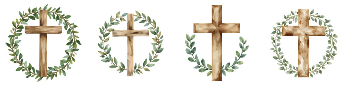 Wooden crosses adorned with wreaths of leaves represent faith, hope, and the promise of new beginnings