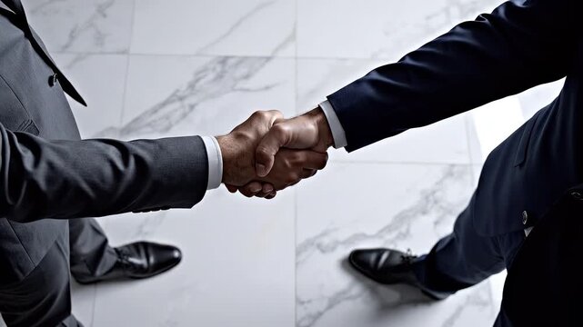 Businessmen shaking hands at marble office table