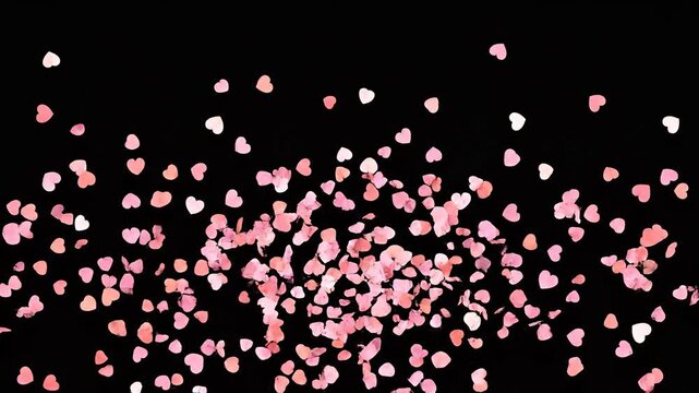 Pink heart confetti falling on black background