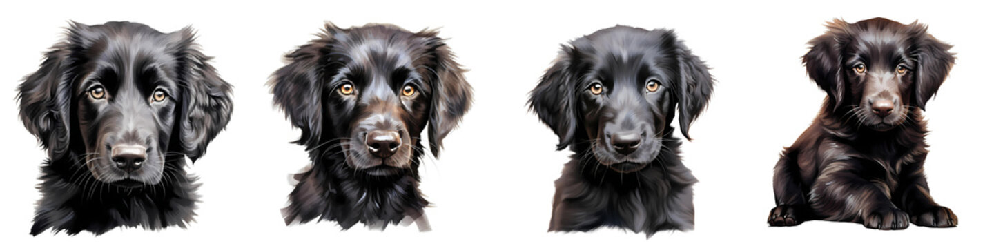 Illustrations of four adorable flat-coated retriever puppies on a black background