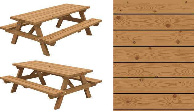 Detailed vector illustration set of wooden picnic tables in perspective views alongside a seamless brown timber plank texture background for outdoor furniture design.