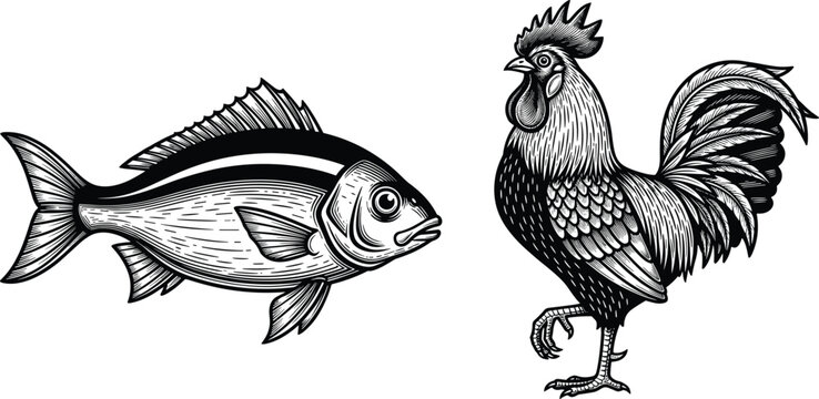 Vintage woodcut style vector illustration featuring a detailed fish and a proud rooster with intricate line work isolated on a clean white background.