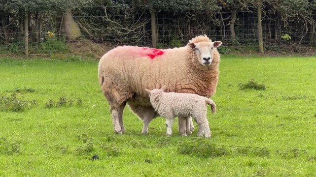 Lamb feeding from marked ewe close up