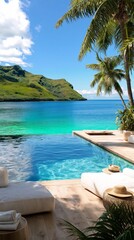 Obraz premium Relaxing by the Pool With a View of the Ocean and Green Hills on a Sunny Day