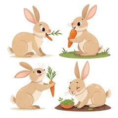 Fototapeta premium Adorable Bunny Rabbits Eating Carrots Illustration Set