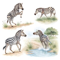 Obraz premium Four Zebras in African Savanna Watercolor Illustration of Wildlife Nature Animals