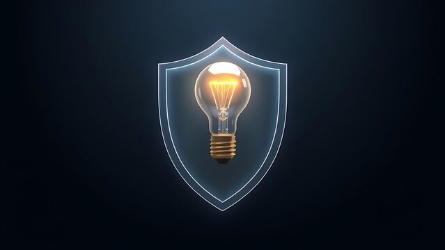 Conceptual illustration of a glowing light bulb protected by a shield, symbolizing innovation, ideas, and protection of intellectual property or safety