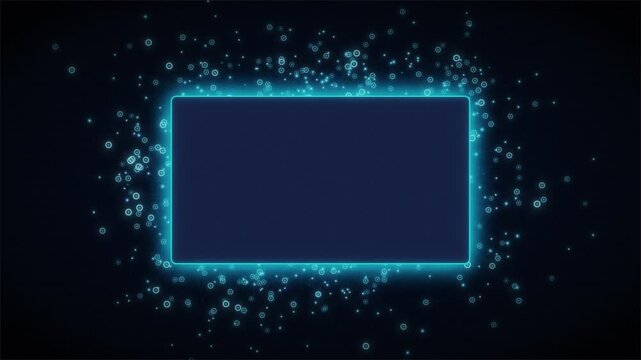 Futuristic Blue Neon Frame with Glowing Dots and Particles on Dark Background, Abstract Digital Border for Logo or Text Copy Space, Hi-Tech Cyberpunk Style Motion Graphics Animation Loop 4K