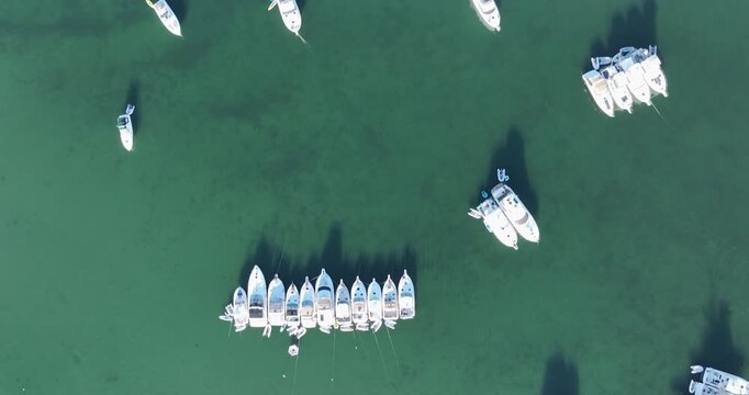 New Shoreham, RI, USA 08-08-2025: Summer aerial video of the Great Salt Pond on Block Island Rhode Island.