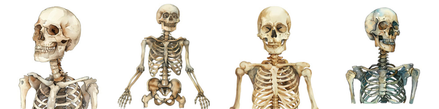 Four different human skeletons stand against a black background in an illustration