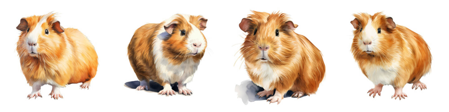 Various fluffy guinea pigs in a digital painting on a black background