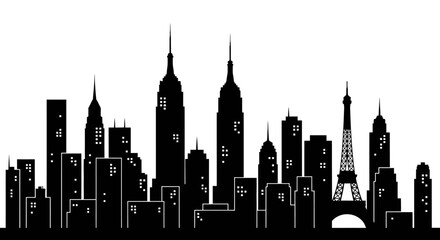 Obraz premium Dynamic city skyline silhouette featuring diverse skyscrapers and prominent tower, depicting a modern urban landscape illustration