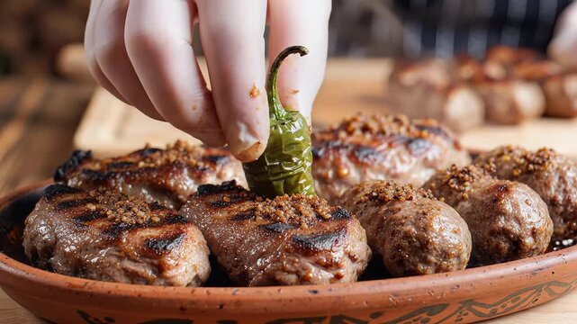 Closeup of a hand placing a green chili pepper on a platter of grilled meat.