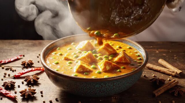 Cooking green vegetable and paneer curry with aromatic spices