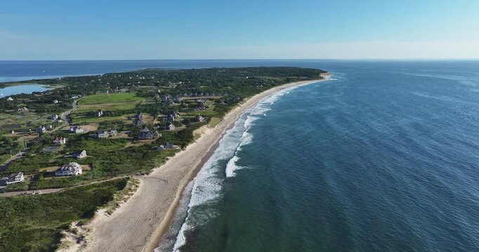New Shoreham, RI, USA 08-08-2025: Aerial video over Scotch Beach, New Shoreham, Block Island, Rhode Island