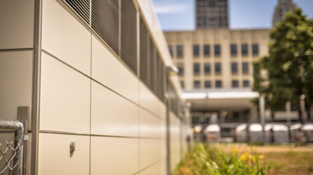 Medium closeup of a finished modular ORs exterior facade featuring sleek modern paneling and access doors in sharp focus with the main hospital building softly out of focus behind.