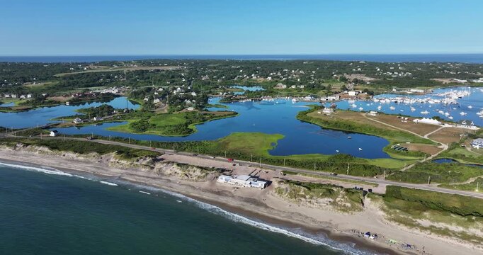 New Shoreham, RI, USA 08-08-2025: Aerial video over Scotch Beach, New Shoreham, Block Island, Rhode Island