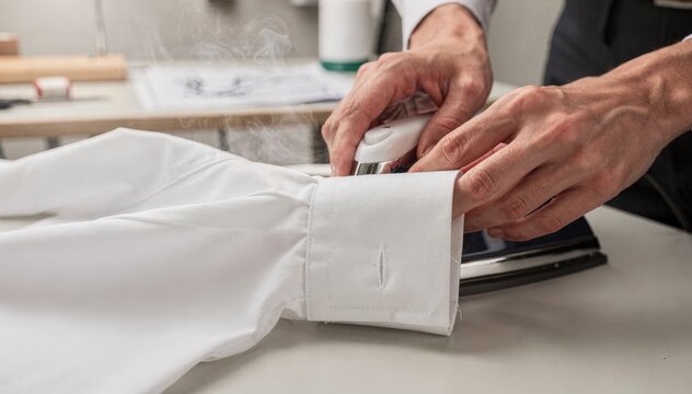 Focused medium shot of a designer attaching fused interlining to a shirt cuff adding stiffness and shape for crisp structured detailing in apparel.