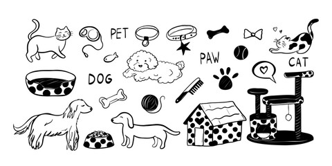 Fototapeta na wymiar Hand drawn pets doodle set with cats and dogs with accessories and pet care elements. Cartoon playful animal line print. Vector illustration.