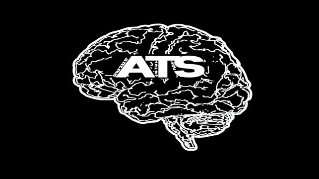 Abstract White Human Brain Outline with 'ATS' Text on Black Background, Symbolizing Intelligence, AI, and Learning