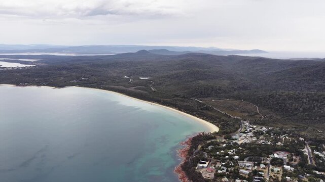 Coles bay town in Tasmania at Freycinet National park &ndash; wide aerial panorama.