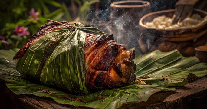 Steeped traditional Hawaiian flair tropical feast awaits secluded beach BBQ where slow cooked kalua pig wrapped banana leaf clean professional stock photo sharp macro photography style cinematic