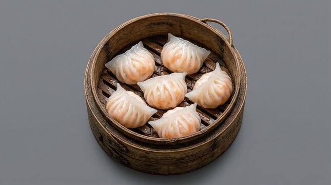 Chinese dim sum har gow shrimp dumplings in traditional bamboo steamer basket isolated on gray background.