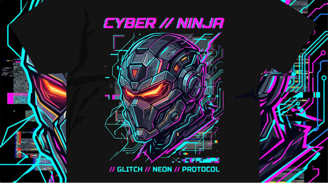 Cyber Ninja Neon Protocol Glitch Futuristic Design T-Shirt.