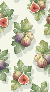 A Watercolor Illustration of fresh figs, vibrant green fig leaves, and the fruit's intricate patterns of freshness. 