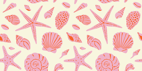 Diverse tropical beach sea shell seamless pattern. Summer marine animal background design. Vacation travel concept. Ocean snail collection flat cartoon backdrop illustration. © Dedraw Studio